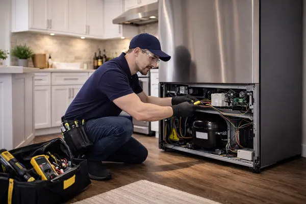 an appliance repair technician diagnosing a stainless steel refrigerator in a residential kitchen from Appliance Repair Leander in Leander, TX appliance-repair near me an appliance repair technician diagnosing a stainless steel refrigerator in a residential kitchen from Appliance Repair Leander in Leander, TX appliance-repair near me