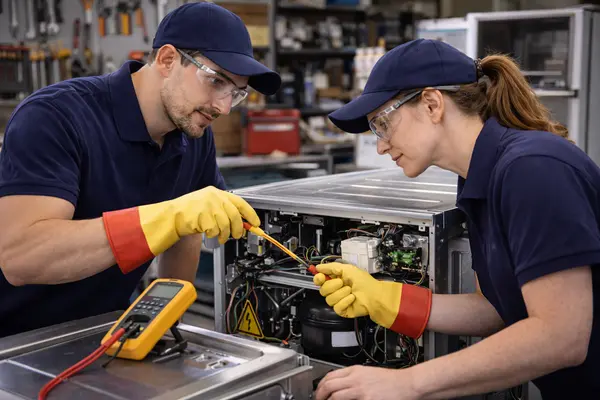 two appliance repair technicians testing electrical components during a refrigerator repair from Appliance Repair Leander in Leander, TX appliance-repair near me two appliance repair technicians testing electrical components during a refrigerator repair from Appliance Repair Leander in Leander, TX appliance-repair near me
