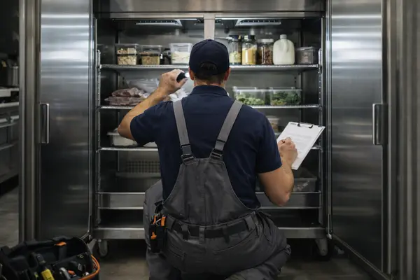 an appliance repair technician inspecting a commercial refrigerator with professional tools and a checklist from Appliance Repair Leander in Leander, TX appliance-repair near me an appliance repair technician inspecting a commercial refrigerator with professional tools and a checklist from Appliance Repair Leander in Leander, TX appliance-repair near me