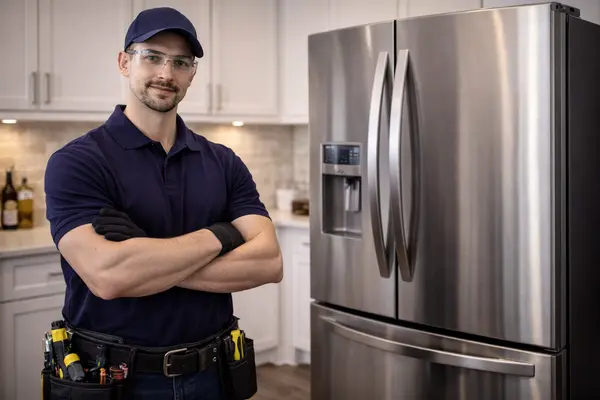 a professional appliance repair technician standing beside a stainless steel refrigerator in a modern kitchen from Appliance Repair Leander in Leander, TX appliance-repair near me a professional appliance repair technician standing beside a stainless steel refrigerator in a modern kitchen from Appliance Repair Leander in Leander, TX appliance-repair near me