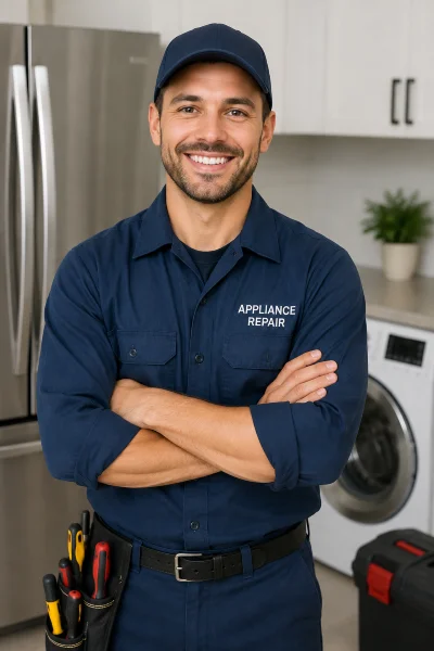 a smiling appliance repair technician standing in a residential kitchen with a refrigerator and washing machine from Appliance Repair Leander in Leander, TX appliance-repair near me a smiling appliance repair technician standing in a residential kitchen with a refrigerator and washing machine from Appliance Repair Leander in Leander, TX appliance-repair near me