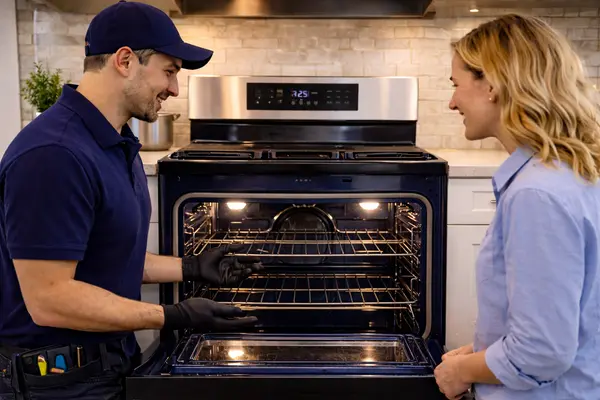 an appliance repair technician showing a homeowner a repaired oven in a modern kitchen from Appliance Repair Leander in Leander, TX - Dishwasher Repair an appliance repair technician showing a homeowner a repaired oven in a modern kitchen from Appliance Repair Leander in Leander, TX - Dishwasher Repair