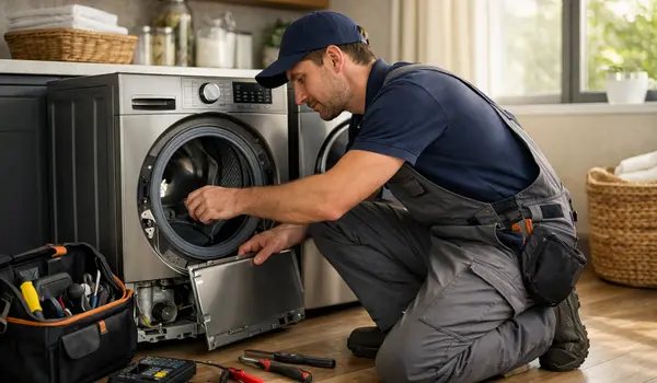 an appliance repair technician servicing a front-load washing machine with professional tools in a laundry room from Appliance Repair Leander in Katy, TX - Katy TX an appliance repair technician servicing a front-load washing machine with professional tools in a laundry room from Appliance Repair Leander in Katy, TX - Katy TX