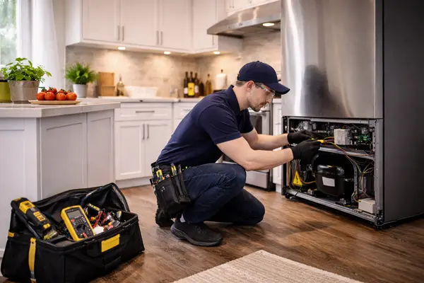 an appliance repair technician diagnosing electrical components inside a stainless steel refrigerator from Appliance Repair Leander in Katy, TX - Katy TX an appliance repair technician diagnosing electrical components inside a stainless steel refrigerator from Appliance Repair Leander in Katy, TX - Katy TX