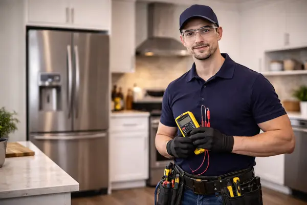 a professional appliance repair technician holding a digital multimeter in a modern residential kitchen from Appliance Repair Leander in Katy, TX - Katy TX a professional appliance repair technician holding a digital multimeter in a modern residential kitchen from Appliance Repair Leander in Katy, TX - Katy TX