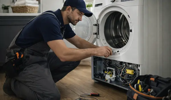 an appliance repair technician servicing a front-load washing machine with professional tools in a laundry room from Appliance Repair Leander in Leander, TX - Leander, TX an appliance repair technician servicing a front-load washing machine with professional tools in a laundry room from Appliance Repair Leander in Leander, TX - Leander, TX